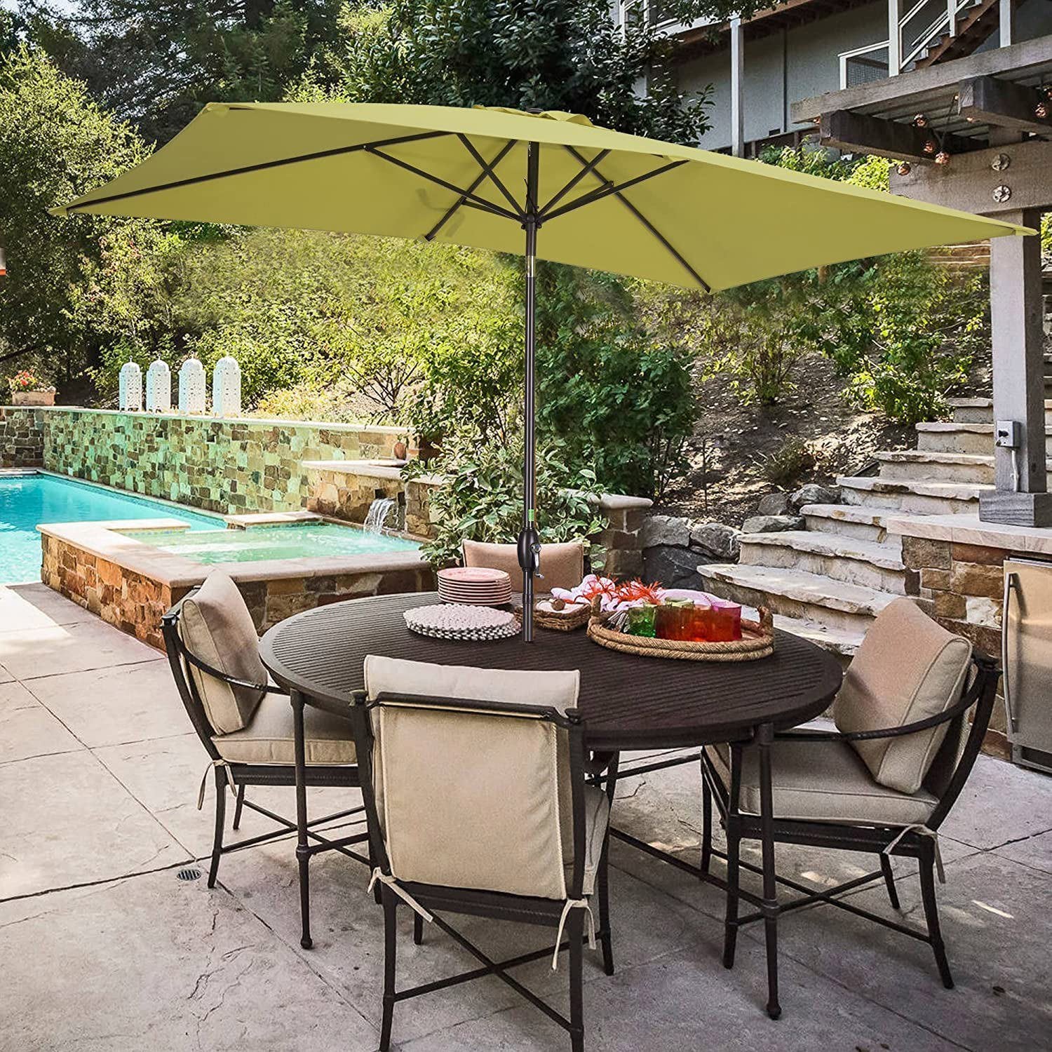 Rectangular Patio Umbrella 6.5 ft. x 10 ft. with Tilt, Crank and 6 Sturdy Ribs for Deck, Lawn, Pool in LIME GREEN